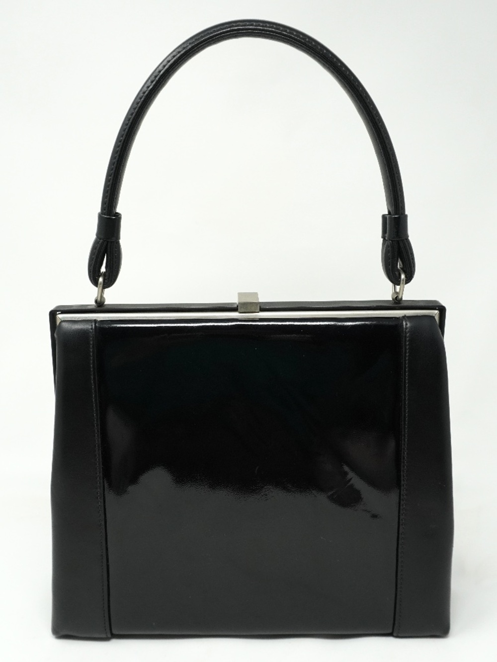 Rare Vintage L&M 1950s Handle Bag with Classic Clasp Opening and Black Leather
